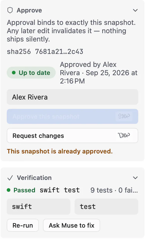 Close-up: Approve, bound to snapshot sha256 7681a21…2c43 and approved by Alex Rivera, and Verification passed for swift test with 9 tests.
