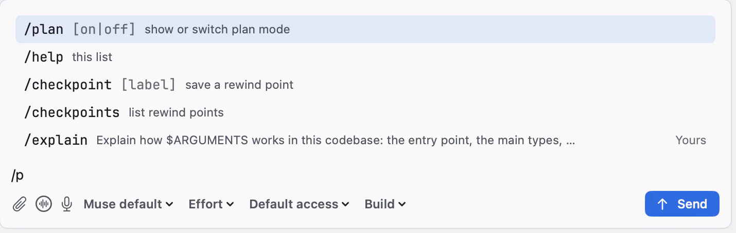 Close-up of the composer’s slash menu for “/p”: /plan, /help, /checkpoint, /checkpoints and your own /explain.