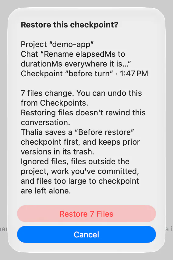 A restore preview listing the files that come back and the files that move to Thalia’s trash.