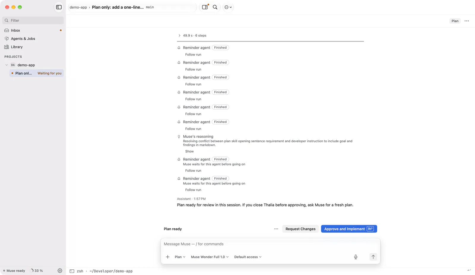 The end of a plan in the chat: the how-to-verify steps, the turn’s steps, and the note that the plan is ready for review.