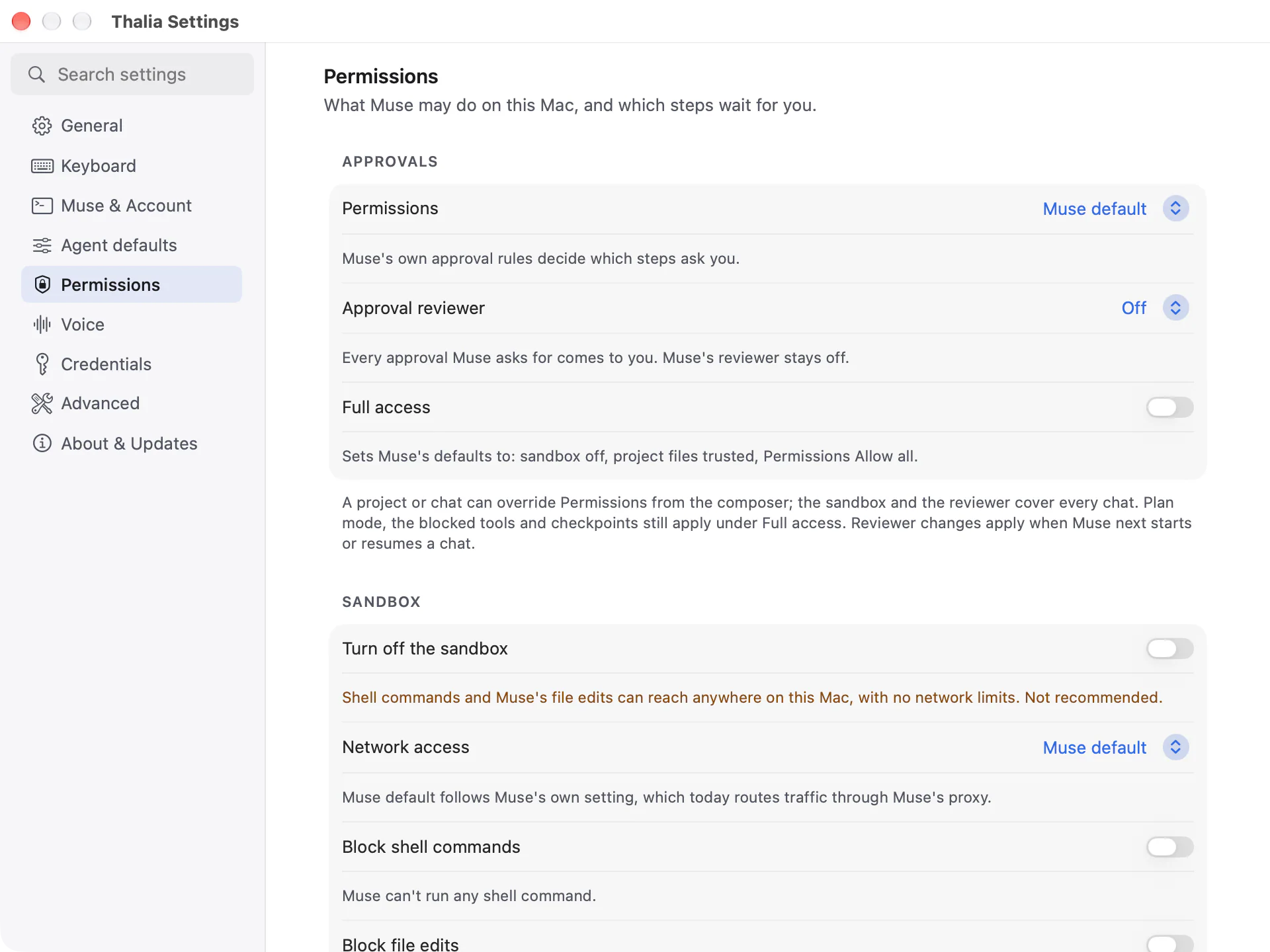 Thalia Settings on Permissions: Permissions set to Muse default, Approval reviewer off and the Full access switch off, with the sandbox settings below.