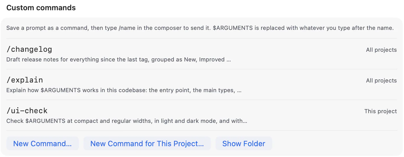 Close-up of Thalia’s custom commands: /changelog and /explain for all projects, and /ui-check for one project.
