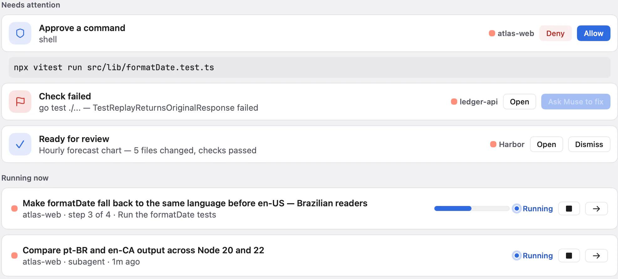 Close-up of Thalia’s Home screen: a command to approve, a failed check, work ready for review, and two running tasks.