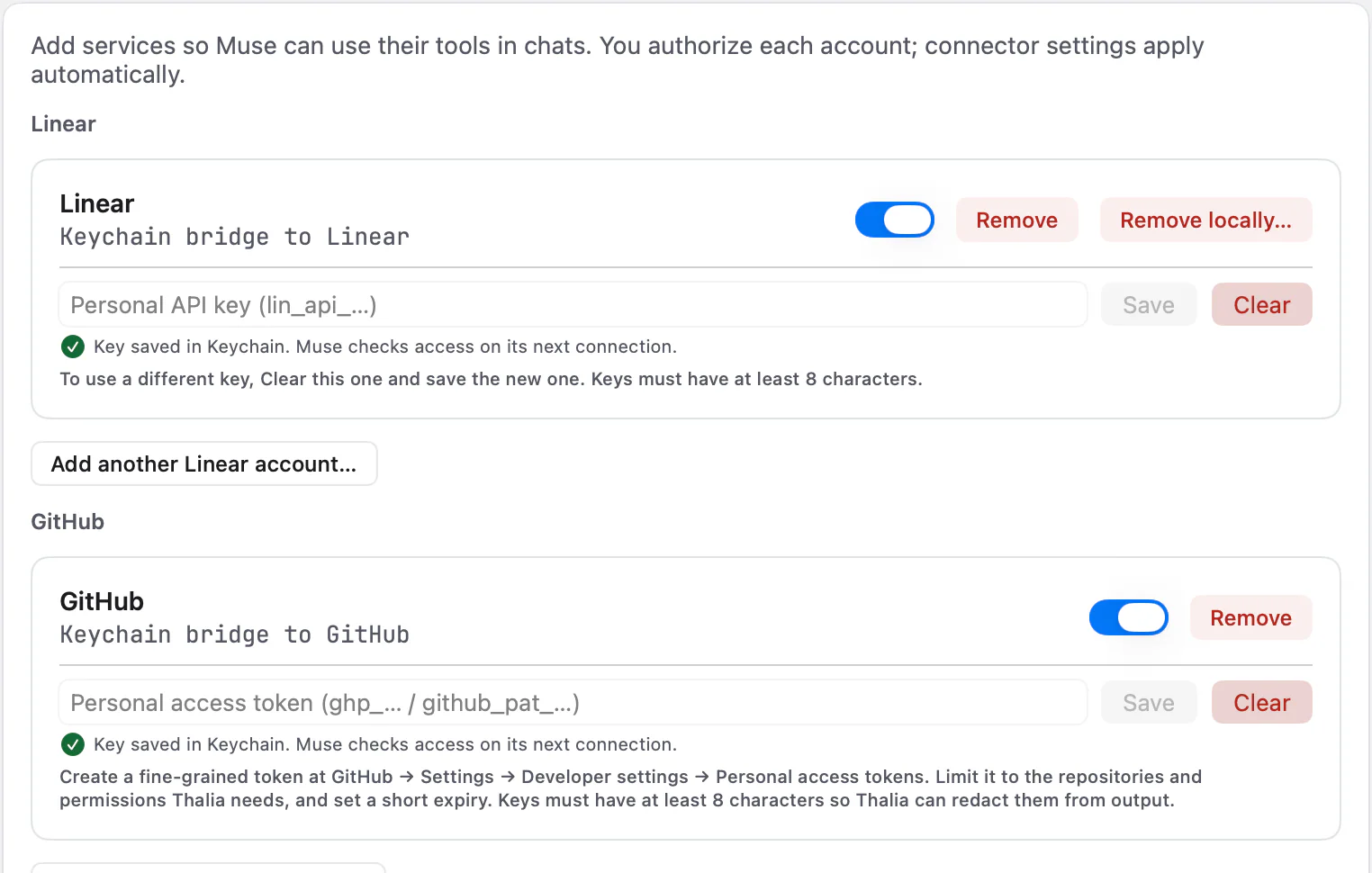Close-up of Thalia’s MCP screen: Linear and GitHub connectors, each with a key saved in the Keychain, and a button to add another account.