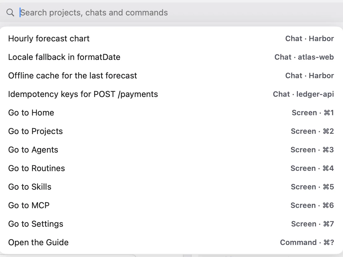 Close-up of Thalia’s command bar listing chats, the screens with ⌘1 to ⌘7, and the Guide.