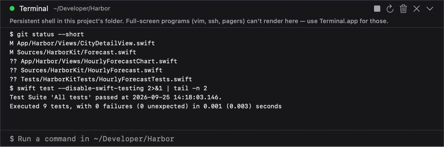 Close-up of Thalia’s terminal in ~/Developer/Harbor, with git status and a passing swift test run.